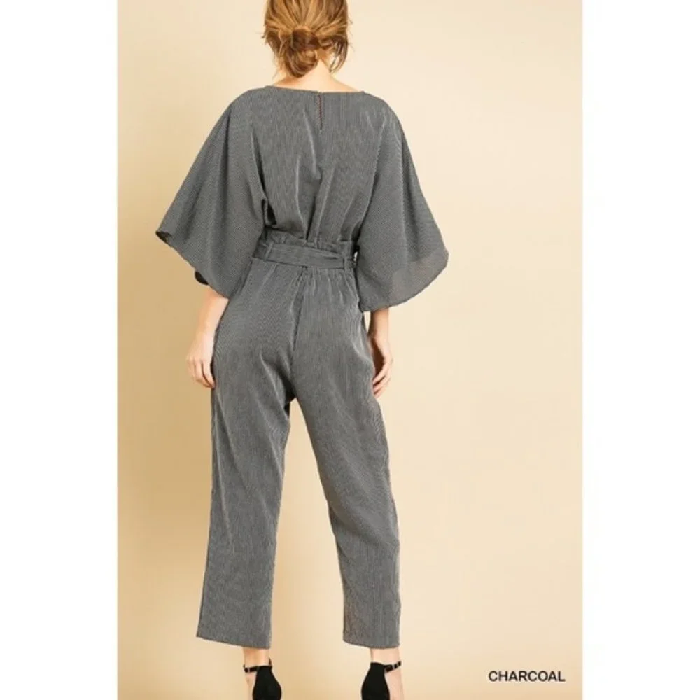Umgee | Carmen Pinstripe Jumpsuit Paperbag Wide Sleeve Charcoal Black New Medium - Picture 9 of 15